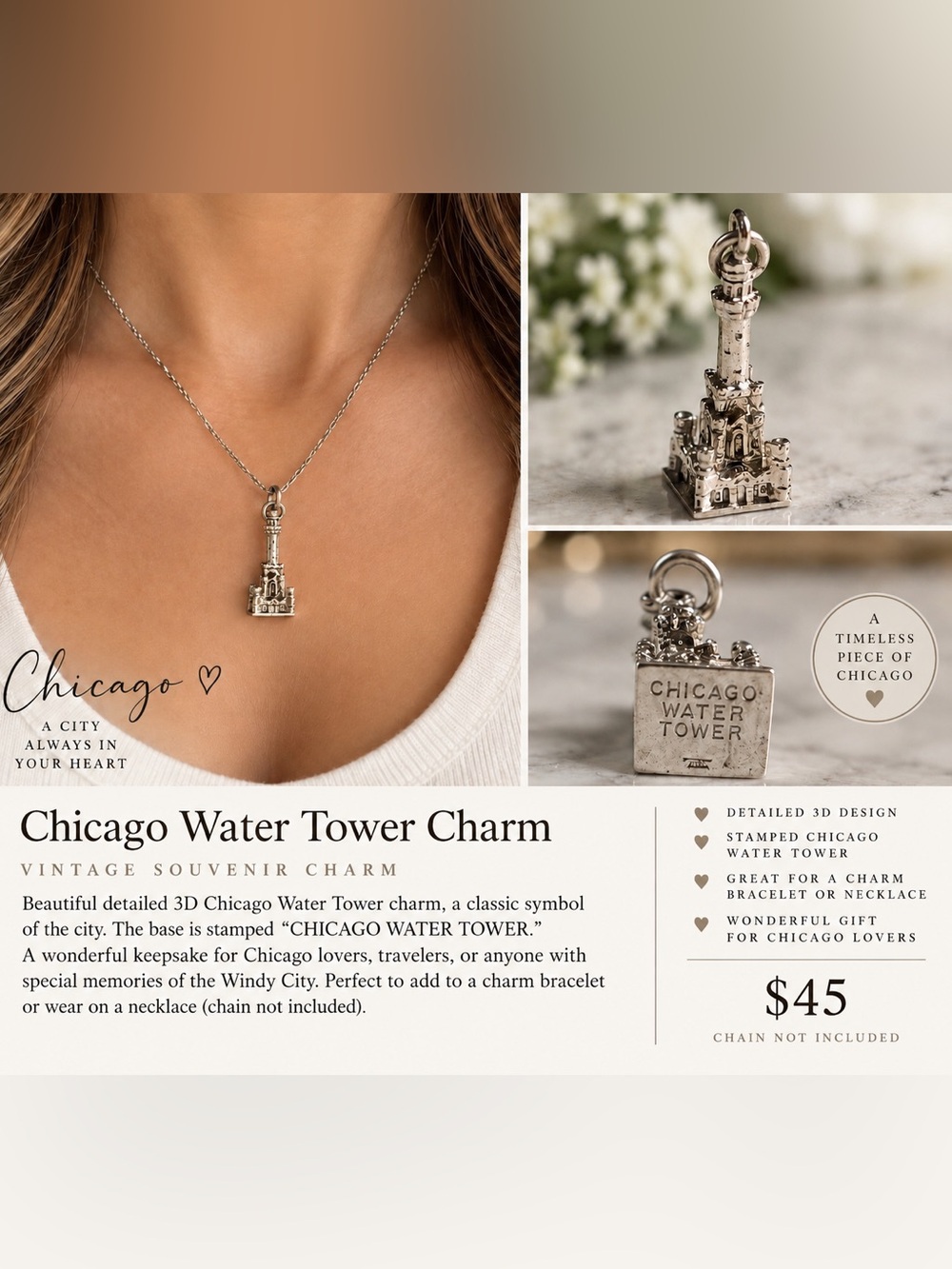Chicago Water Tower 3D Souvenir Charm Silver Tone Vintage Chicago Landmark